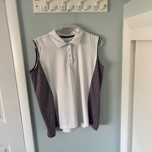 KATE LORD GOLF TOP LADIES XL. White with NAVY/RED PRINT